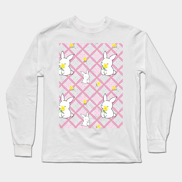 Pink Rabbit Quilt Pattern Long Sleeve T-Shirt by MaplewoodMerch